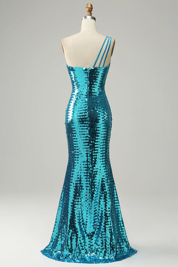 Sparkly Blue Sequins One Shoulder Long Prom Dress con spacco